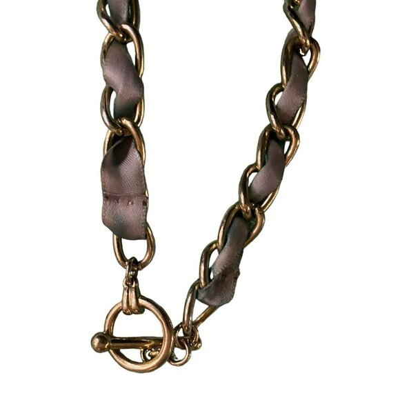 Vintage Gold Tone Chain Necklace With Brown Taupe Ribbon & Crystal Accents 30" - Picture 3 of 3